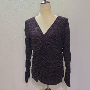 Long Sleeve V-Neck Ruched Top - Black with Subtle Metallic Stripes